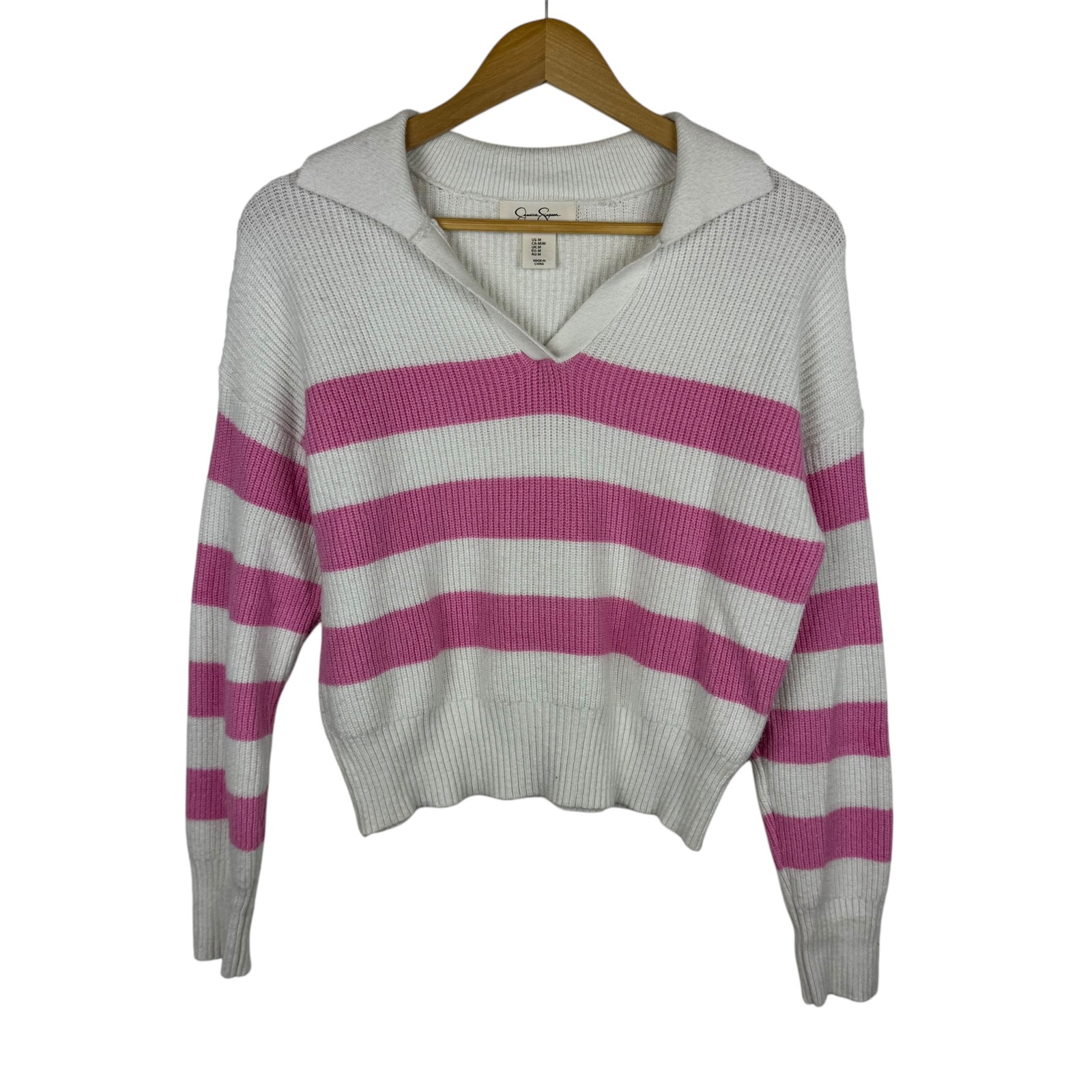Jessica Simpson Pink Striped Sweater Sz M V-Neck Pullover Country Club Preppy